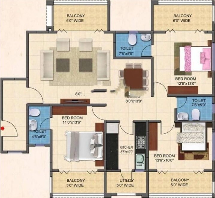 Floor plan of 3 BHK 1957 Sq. Ft. Apartment in Kolte Patil Whispering Meadows, Bangalore