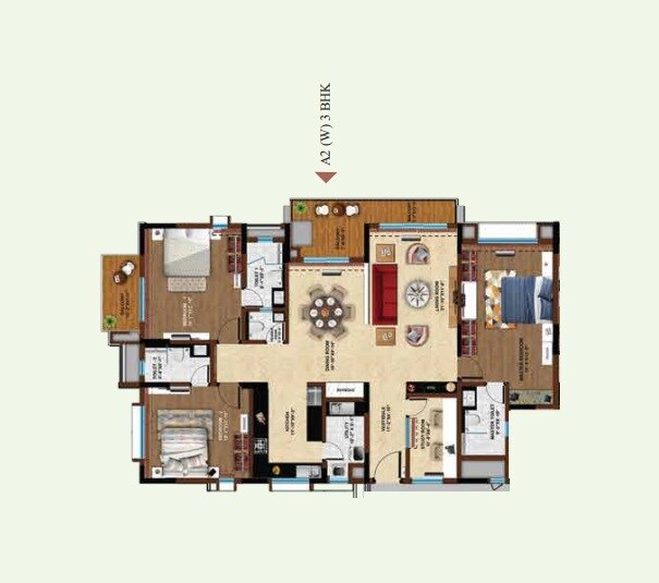 Floor plan of 3 BHK 2477 Sq. Ft. Apartment in Koncept Ambience Downtown, Bangalore