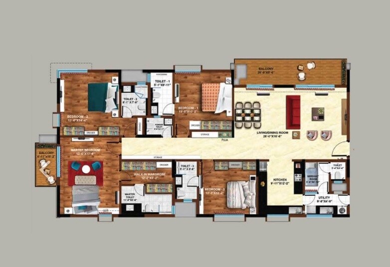 Floor plan of 4 BHK 3081 Sq. Ft. Apartment in Koncept Ambience Downtown, Bangalore
