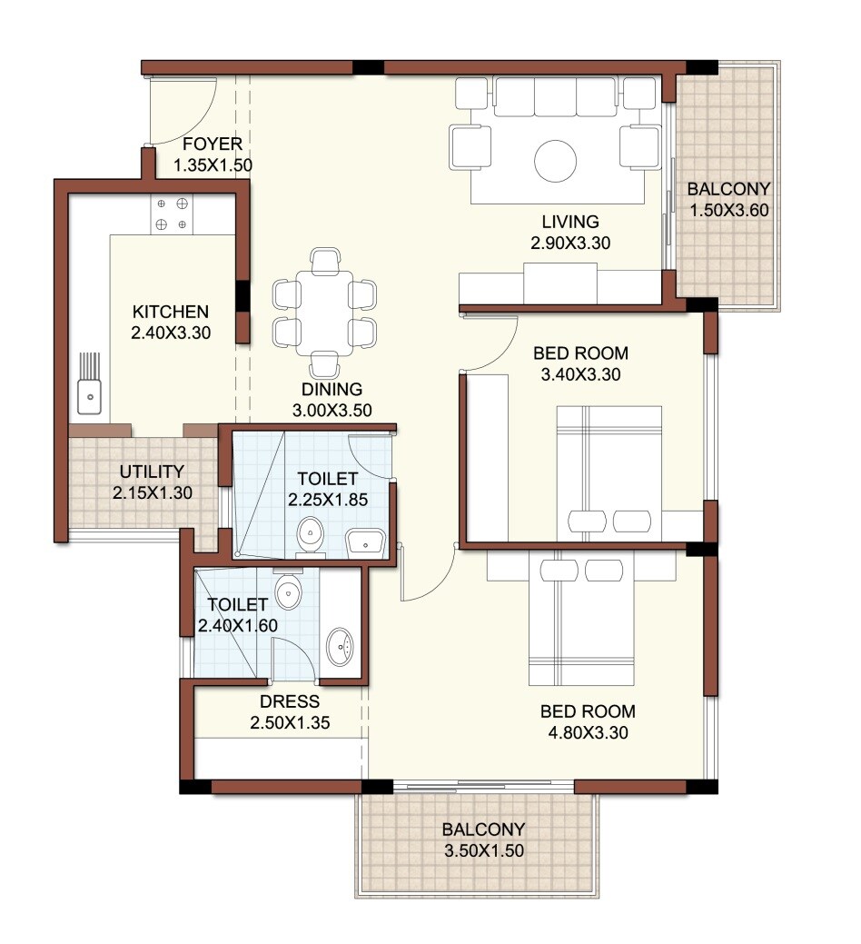 Floor plan of 2 BHK 1240 Sq. Ft. Apartment in Koncept Lake View, Bangalore