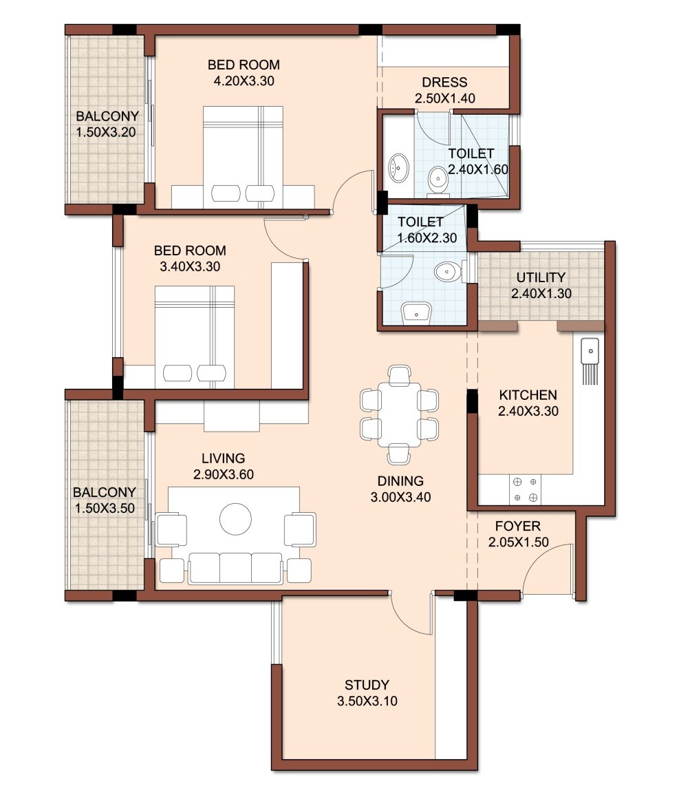 Floor plan of 2 BHK 1450 Sq. Ft. Apartment in Koncept Lake View, Bangalore