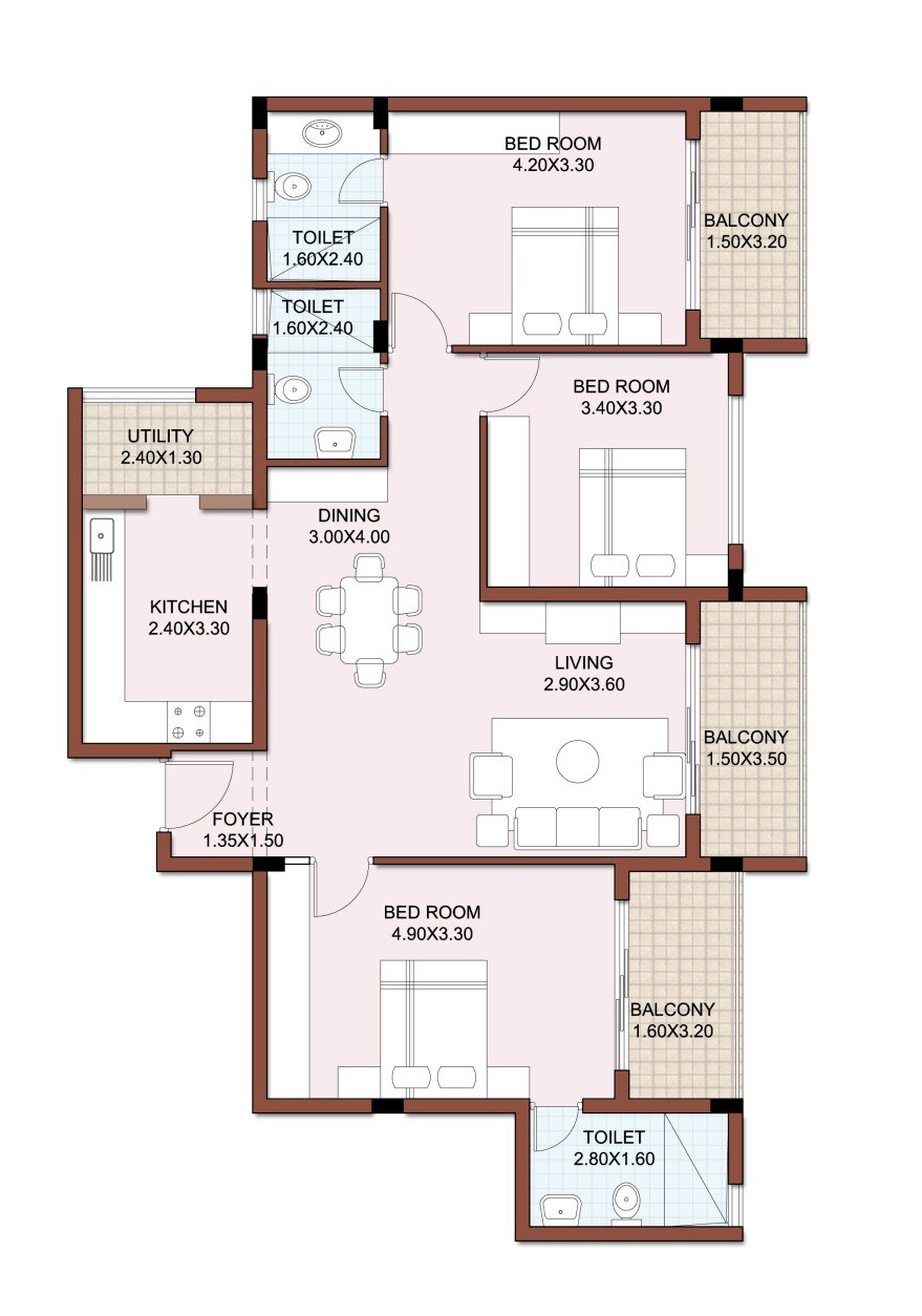 Floor plan of 3 BHK 1625 Sq. Ft. Apartment in Koncept Lake View, Bangalore