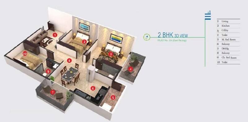 Floor plan of 2 BHK 1015 Sq. Ft. Apartment in KR Grand View Heights, Bangalore