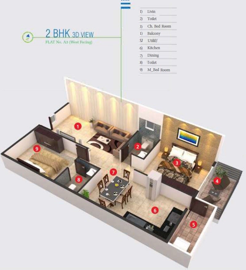 Floor plan of 2 BHK 1205 Sq. Ft. Apartment in KR Grand View Heights, Bangalore