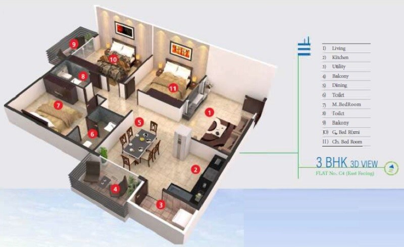 Floor plan of 3 BHK 1240 Sq. Ft. Apartment in KR Grand View Heights, Bangalore
