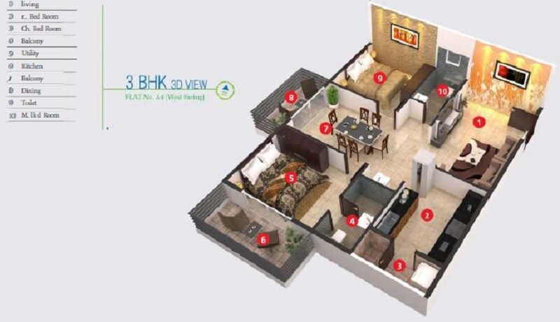 Floor plan of 3 BHK 1430 Sq. Ft. Apartment in KR Grand View Heights, Bangalore