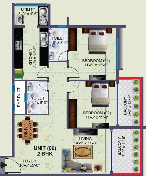 Floor plan of 2 BHK 1348 Sq. Ft. Apartment in Krish Eirianwen, Bangalore