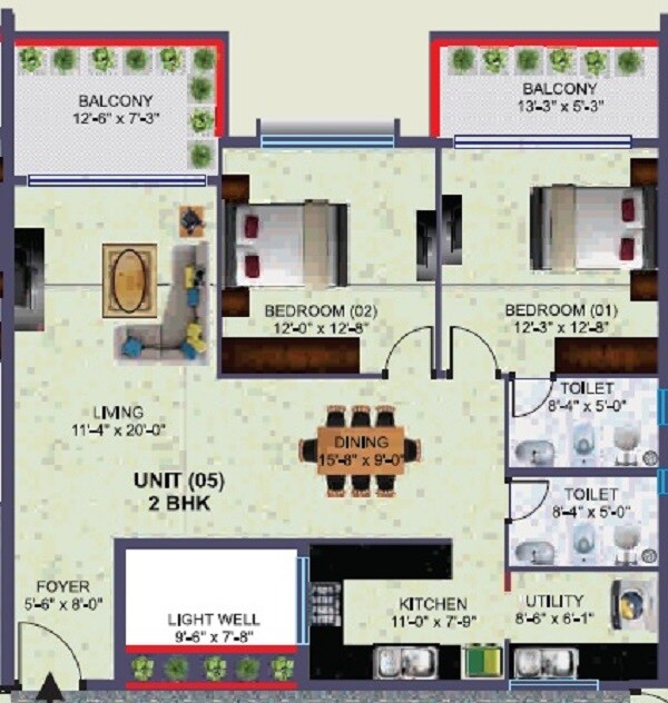 Floor plan of 2 BHK 1470 Sq. Ft. Apartment in Krish Eirianwen, Bangalore
