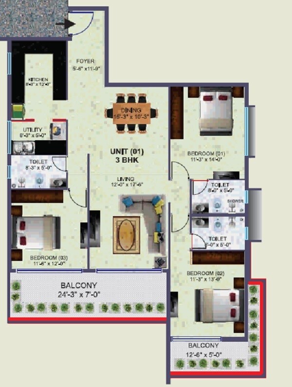 Floor plan of 3 BHK 1942 Sq. Ft. Apartment in Krish Eirianwen, Bangalore
