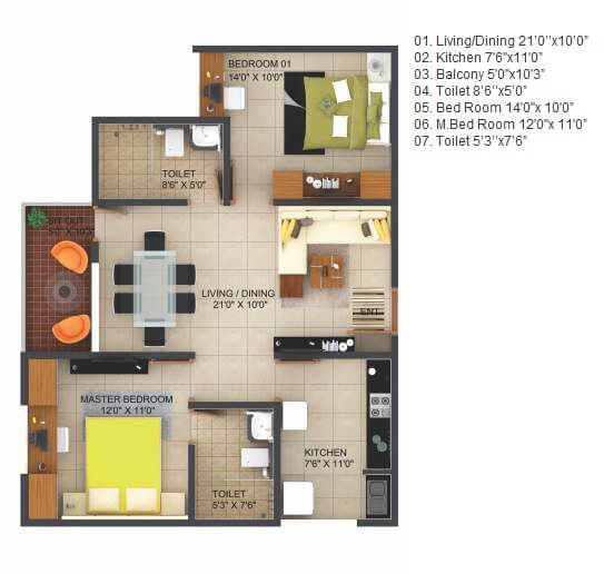 Floor plan of 2 BHK 1051 Sq. Ft. Apartment in Krishna Goldfields, Bangalore