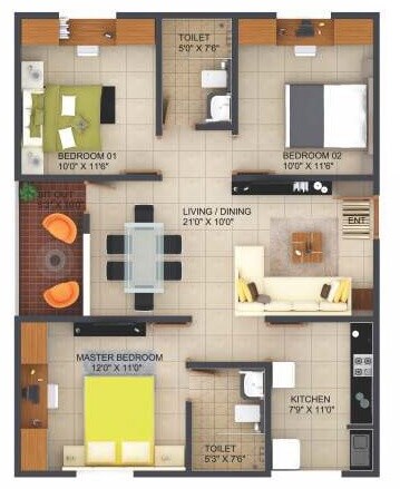 Floor plan of 3 BHK 1193 Sq. Ft. Apartment in Krishna Goldfields, Bangalore