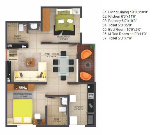 Floor plan of 2 BHK 908 Sq. Ft. Apartment in Krishna Goldfields, Bangalore