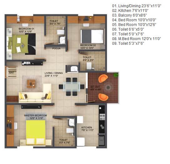 Floor plan of 3 BHK 1511 Sq. Ft. Apartment in Krishna Goldfields, Bangalore
