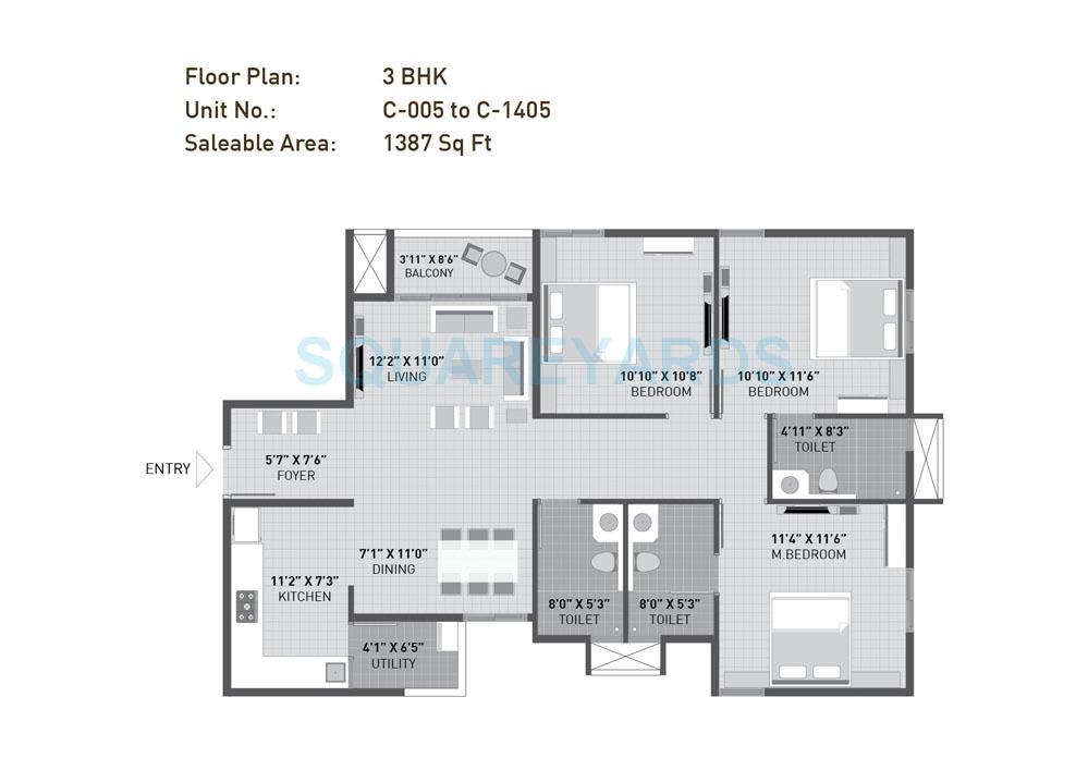 Floor plan of 3 BHK 1375 Sq. Ft. Apartment in Krishna Mystiq, Bangalore