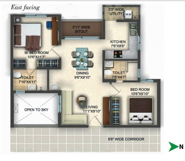 Floor plan of 2 BHK 885 Sq. Ft. Apartment in Krishnaja Northcity, Bangalore