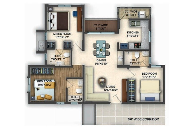 Floor plan of 3 BHK 1145 Sq. Ft. Apartment in Krishnaja Northcity, Bangalore