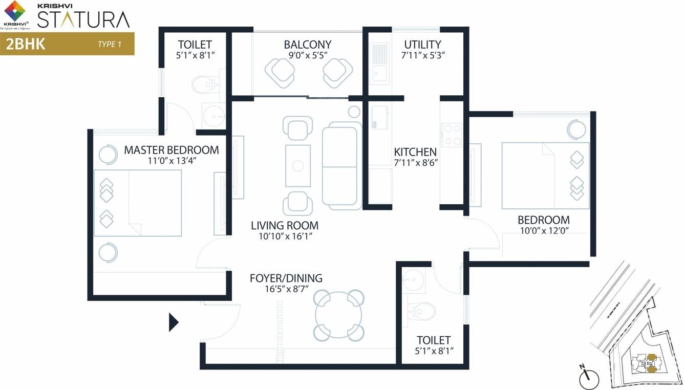 Floor plan of 2 BHK 1225 Sq. Ft. Apartment in Krishvi BVL Statura, Bangalore