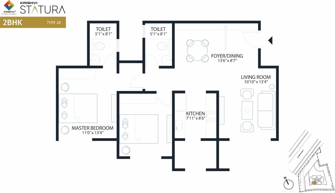 Floor plan of 2 BHK 1270 Sq. Ft. Apartment in Krishvi BVL Statura, Bangalore
