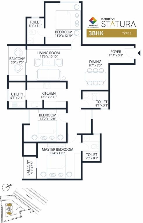 Floor plan of 3 BHK 1793 Sq. Ft. Apartment in Krishvi BVL Statura, Bangalore