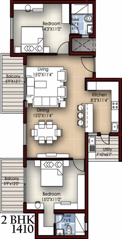 Floor plan of 2 BHK 1410 Sq. Ft. Apartment in Krishvi Dhavala, Bangalore