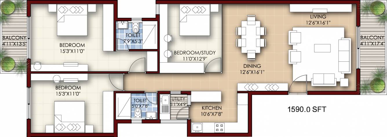 Floor plan of 3 BHK 1590 Sq. Ft. Apartment in Krishvi Dhavala, Bangalore