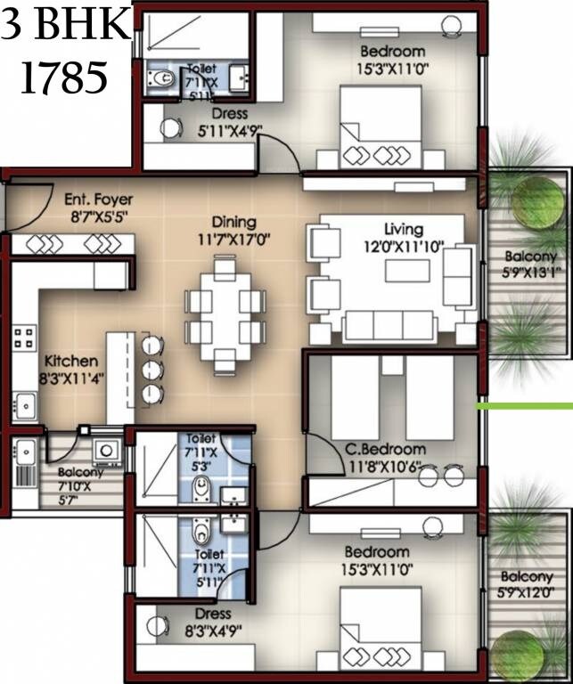 Floor plan of 3 BHK 1785 Sq. Ft. Apartment in Krishvi Dhavala, Bangalore