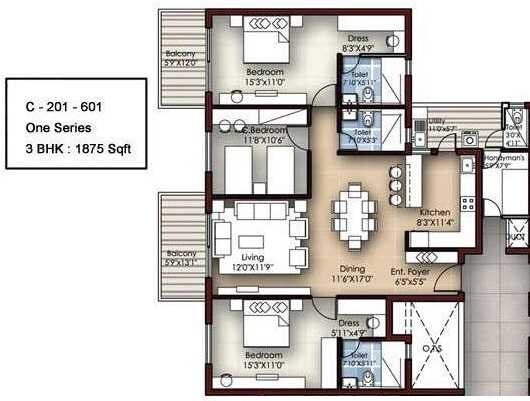 Floor plan of 3 BHK 1875 Sq. Ft. Apartment in Krishvi Dhavala, Bangalore