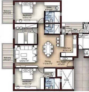 Floor plan of 3 BHK 2500 Sq. Ft. Apartment in Krishvi Dhavala, Bangalore