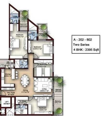 Floor plan of 4 BHK 2395 Sq. Ft. Apartment in Krishvi Dhavala, Bangalore