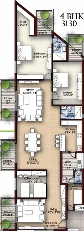 Floor plan of 4 BHK 3130 Sq. Ft. Apartment in Krishvi Dhavala, Bangalore