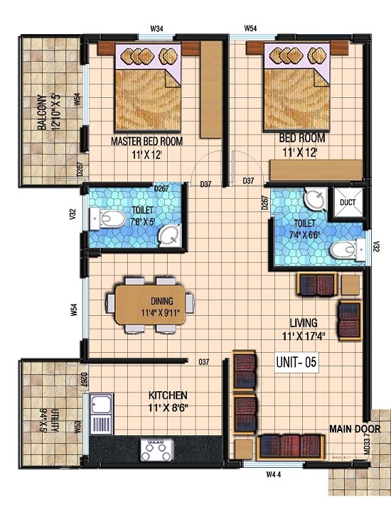 Floor plan of 2 BHK 1011 Sq. Ft. Apartment in Kristal Quartz 5, Bangalore