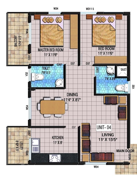 Floor plan of 2 BHK 1111 Sq. Ft. Apartment in Kristal Quartz 5, Bangalore