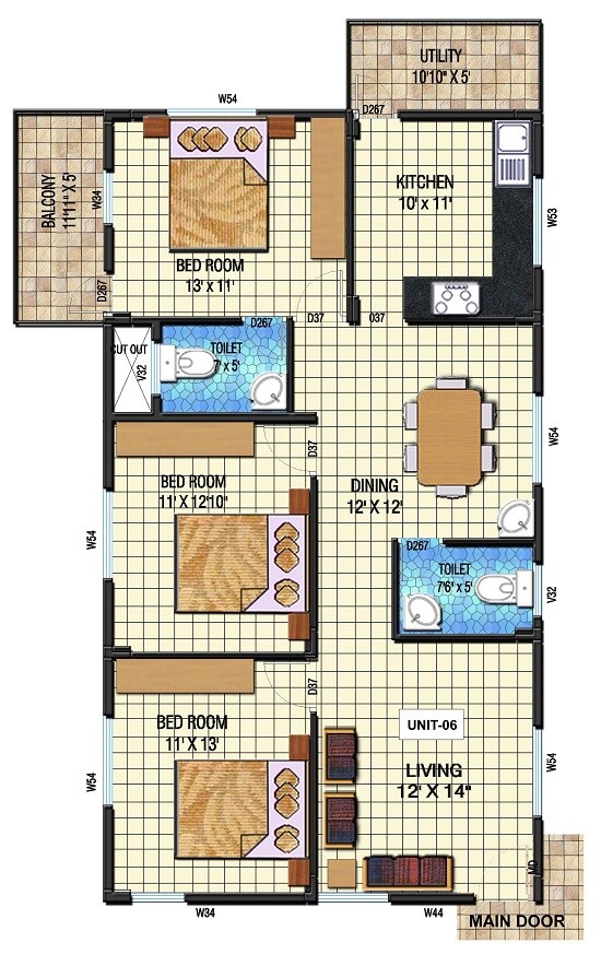 Floor plan of 3 BHK 1463 Sq. Ft. Apartment in Kristal Quartz 5, Bangalore