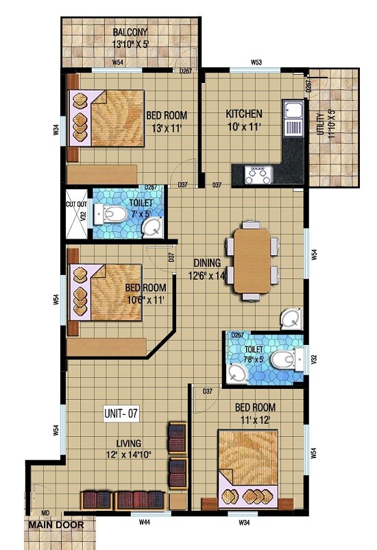 Floor plan of 3 BHK 1650 Sq. Ft. Apartment in Kristal Quartz 5, Bangalore