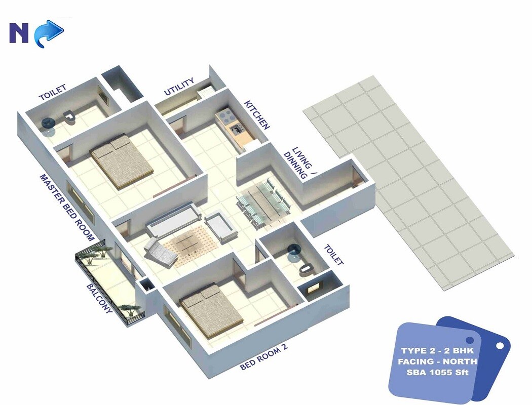 Floor plan of 2 BHK 1055 Sq. Ft. Apartment in Kristal Selenite, Bangalore