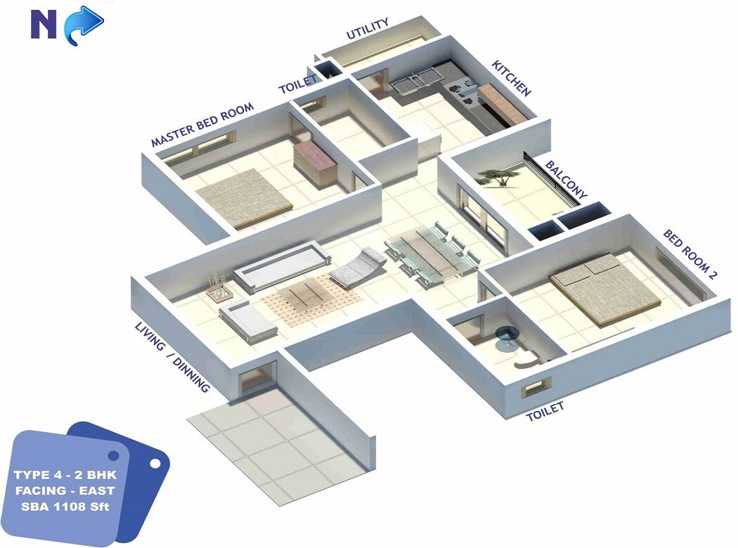 Floor plan of 2 BHK 1108 Sq. Ft. Apartment in Kristal Selenite, Bangalore
