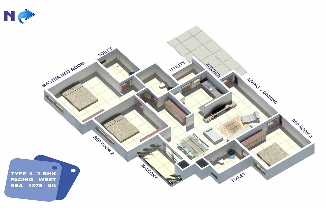 Floor plan of 3 BHK 1376 Sq. Ft. Apartment in Kristal Selenite, Bangalore