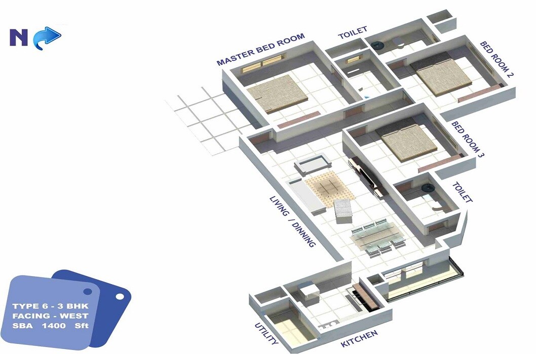 Floor plan of 3 BHK 1400 Sq. Ft. Apartment in Kristal Selenite, Bangalore