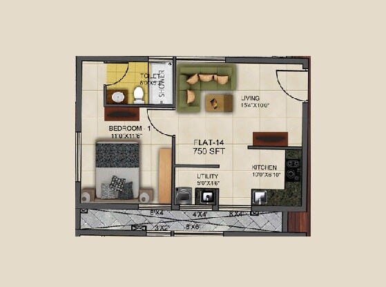 Floor plan of 1 BHK 750 Sq. Ft. Apartment in Kritan Ira, Bangalore