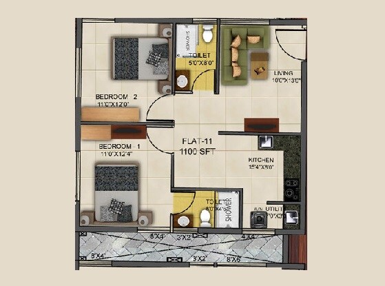 Floor plan of 2 BHK 1100 Sq. Ft. Apartment in Kritan Ira, Bangalore