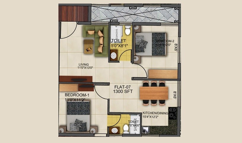 Floor plan of 2 BHK 1300 Sq. Ft. Apartment in Kritan Ira, Bangalore