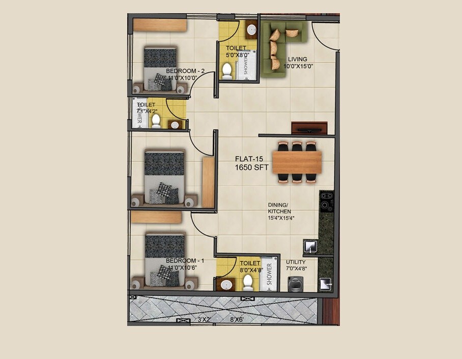 Floor plan of 3 BHK 1650 Sq. Ft. Apartment in Kritan Ira, Bangalore