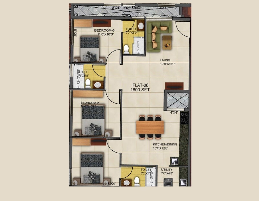 Floor plan of 3 BHK 1800 Sq. Ft. Apartment in Kritan Ira, Bangalore