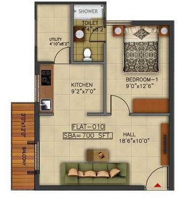 Floor plan of 1 BHK 700 Sq. Ft. Apartment in Kritan Iris, Bangalore