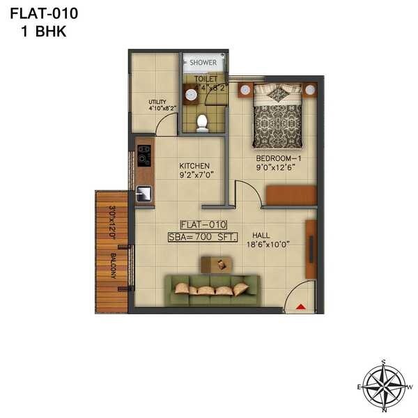Floor plan of 1 BHK 750 Sq. Ft. Apartment in Kritan Iris, Bangalore