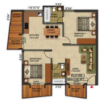 Floor plan of 2 BHK 1300 Sq. Ft. Apartment in Kritan Iris, Bangalore