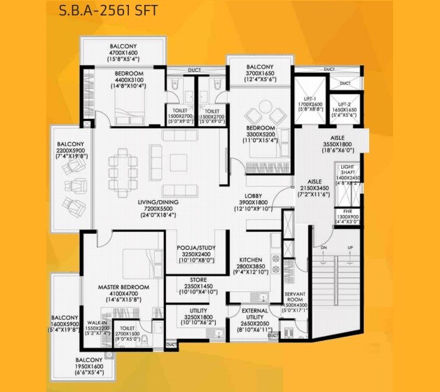 Floor plan of 3 BHK 2561 Sq. Ft. Apartment in Krsna Laburnum, Bangalore