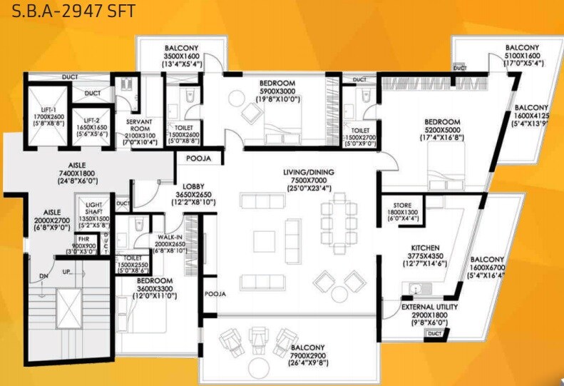 Floor plan of 3 BHK 2947 Sq. Ft. Apartment in Krsna Laburnum, Bangalore