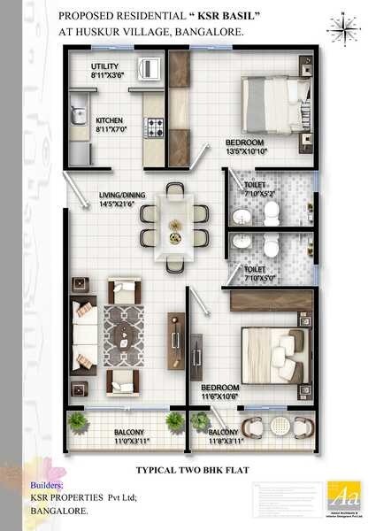 Floor plan of 2 BHK 814 Sq. Ft. Apartment in KSR Basil, Bangalore