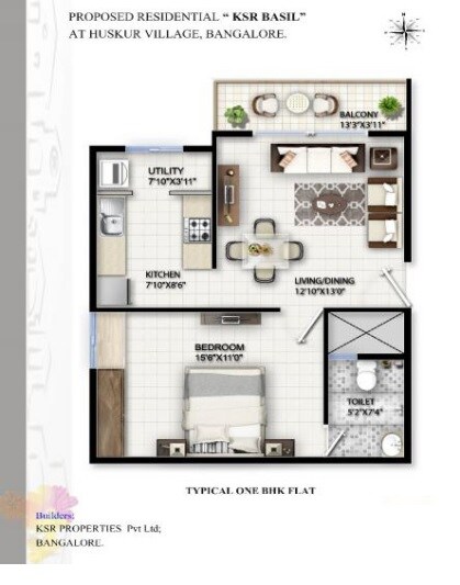 Floor plan of 1 BHK 611 Sq. Ft. Apartment in KSR Basil Apartment, Bangalore